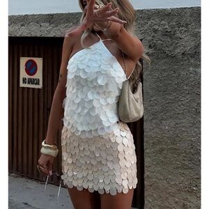 White Fox Boutique Sequin Halter Crop Top in Pearl